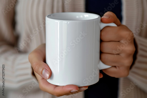 A woman's hand holds a white mug.