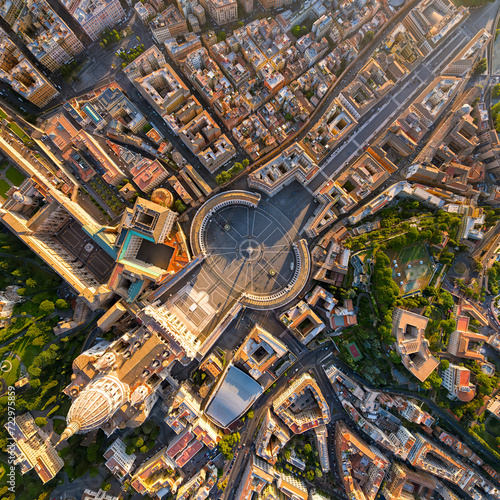 Rome, Italy. St. Peter's Cathedral - Basilica di San Pietro. Panorama of the city on a summer morning. Sunny weather. Aerial view