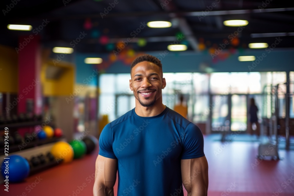 Fitness, gym and happy african american man personal trainer ready for workout coaching