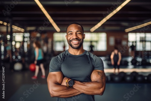 Fitness, gym and happy african american man personal trainer ready for workout coaching