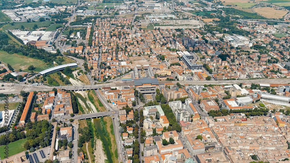 Parma, Italy. The historical center of Parma. Railway station - Parma. Panorama of the city from the air. Summer day, Aerial View