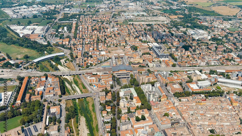 Parma  Italy. The historical center of Parma. Railway station - Parma. Panorama of the city from the air. Summer day  Aerial View