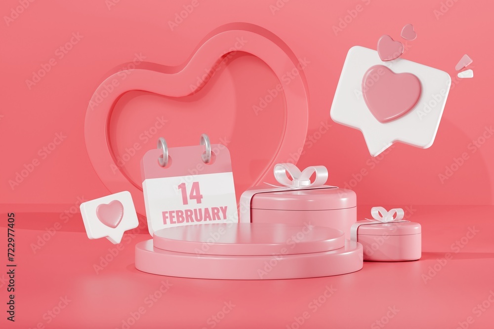 3D red or pink cylinder pedestal podium with Abstract minimal valentine ...
