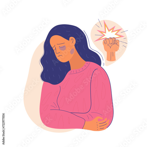 A  woman victim of violence  a gesture of discomfort or pain. Woman victim of violence with bruises on her face