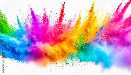Colorful rainbow holi paint color powder explosion isolated on white wide panorama background