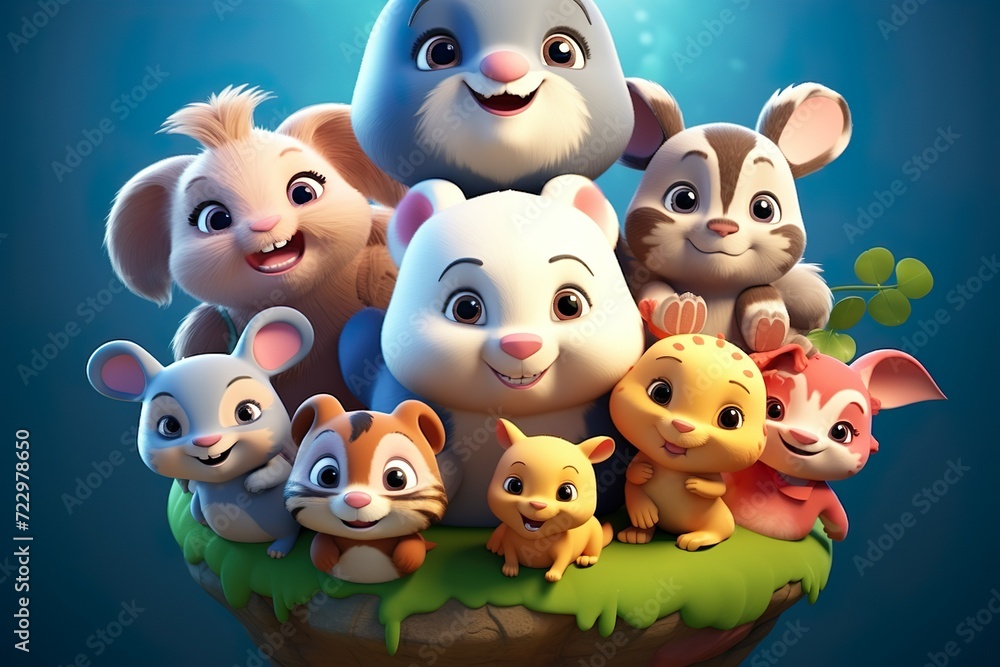 Naklejka premium group of cute cartoon characters on isolated background generative ai