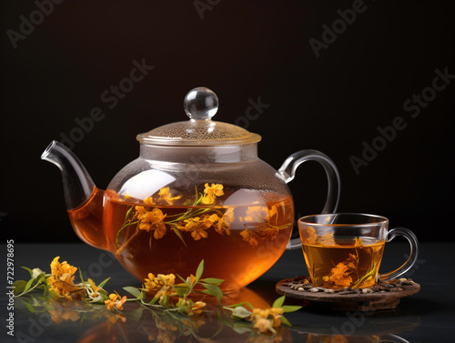a glass teapot with a cup and a teacup with flowers