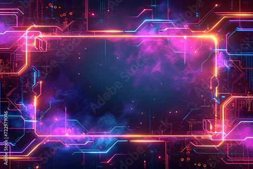 Abstract neon lights into digital technology tunnel. Futuristic technology abstract background with lines for network, big data, data center, server, internet, speed. 3D render