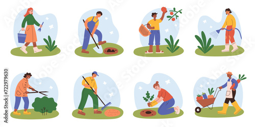 Cartoon characters working in garden, gardening and farming scenes, happy gardeners planting