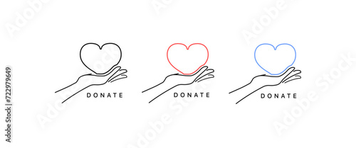 Heart in palm icons. Donate buttons. Linear style. Vector icon
