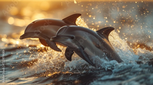 Graceful Dolphins Jumping: Energetic shot capturing dolphins leaping gracefully out of the water, evoking a sense of freedom. © Nico