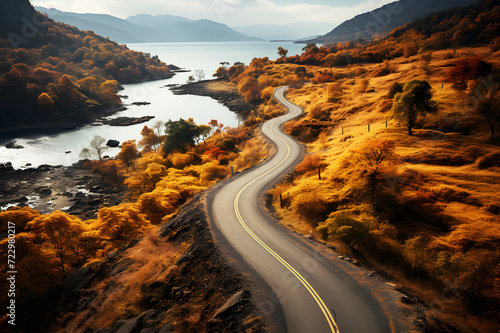Road in mountains at sunny day in summer autumn. Beautiful roadway yellow, green trees, high rocks, blue sky with clouds. Landscape with empty highway through mountain pass in spring. Travel.