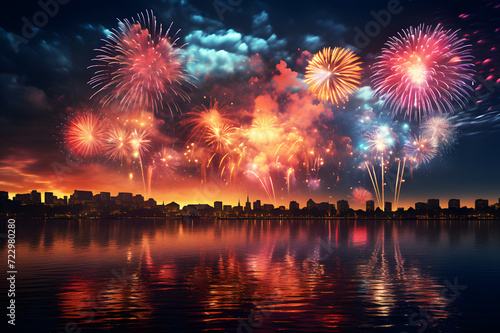 Light fireworks Riverside in new year night celebration party at city festival hotel Beautiful colors. Abstract colored firework background with free space for text. Realistic clipart template pattern