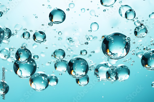Explosion underwater clear bubbles, drop or abstract water splash on blue background. Background Abstract Textured. They are round and various geometric shapes. Realistic clipart template pattern. 