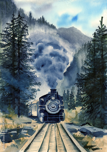 Watercolor painting depicting a steam locomotive riding on railroad tracks among tall pine trees and misty mountains   (This illustration was drawn by hand without the use of generative AI!) photo