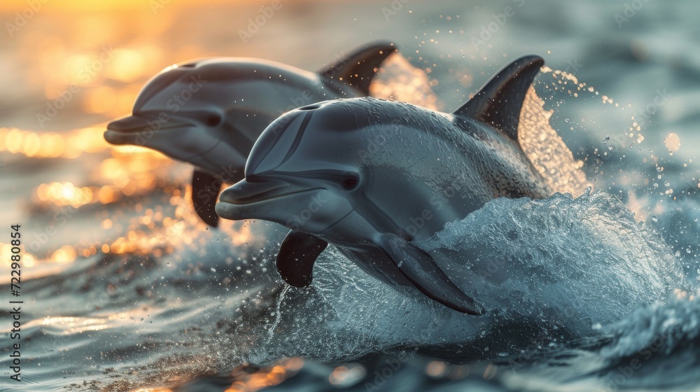 Obraz premium Graceful Dolphins Jumping: Energetic shot capturing dolphins leaping gracefully out of the water, evoking a sense of freedom.