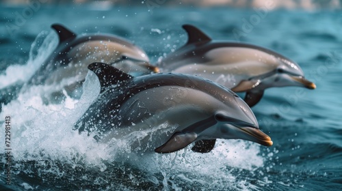 Graceful Dolphins Jumping: Energetic shot capturing dolphins leaping gracefully out of the water, evoking a sense of freedom.