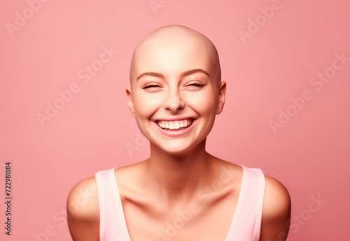 A smiling young woman with a shaved head, bald woman with cancer, on pink background.