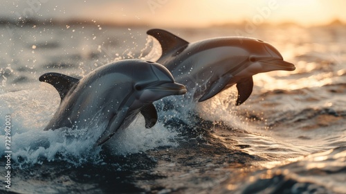 Graceful Dolphins Jumping  Energetic shot capturing dolphins leaping gracefully out of the water  evoking a sense of freedom.