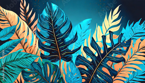 Collection of tropical leaves, foliage plant in blue color with space background © netsay