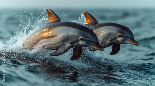 Graceful Dolphins Jumping: Energetic shot capturing dolphins leaping gracefully out of the water, evoking a sense of freedom. © Nico