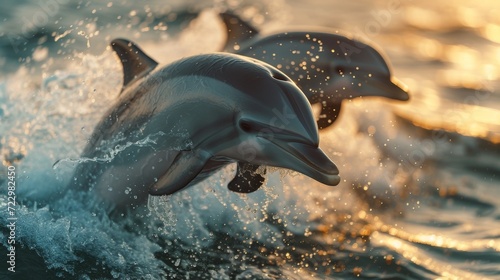 Graceful Dolphins Jumping, Energetic shot capturing dolphins leaping gracefully out of the water, evoking a sense of freedom.