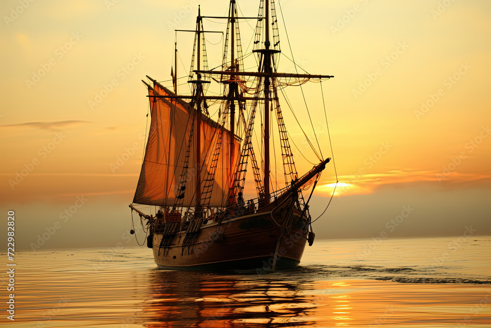 Fototapeta premium Serenity Unveiled: A Majestic Sailboat Glides Silently Through Gilded Waters at Twilight