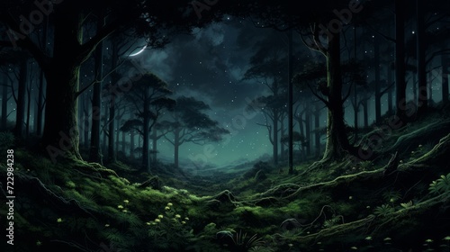 dark mysterious forest panorama, fantasy landscape. Neural network AI generated art