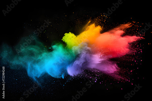 Multicolored abstract rainbow powder explosion, holi paint splash on black background