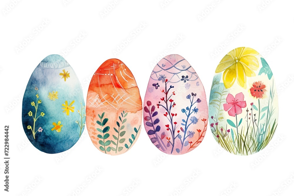 Fototapeta premium Kid-Friendly Easter Fun: Cute Watercolor Illustration of Easter Eggs Set