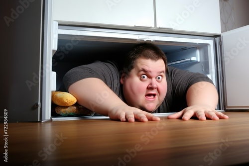 Hungry man peeking out of an open refrigerator door at home . Overweight. Overeating Concept. Obesity Concept with Copy Space.