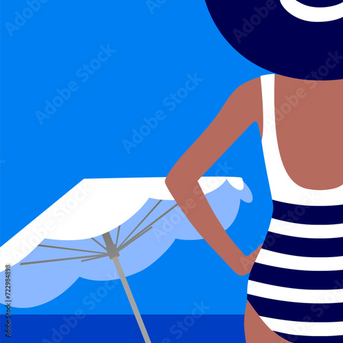 Beautiful woman in swimsuits on the seashore. Relax on the beach or in the pool. Vector illustration