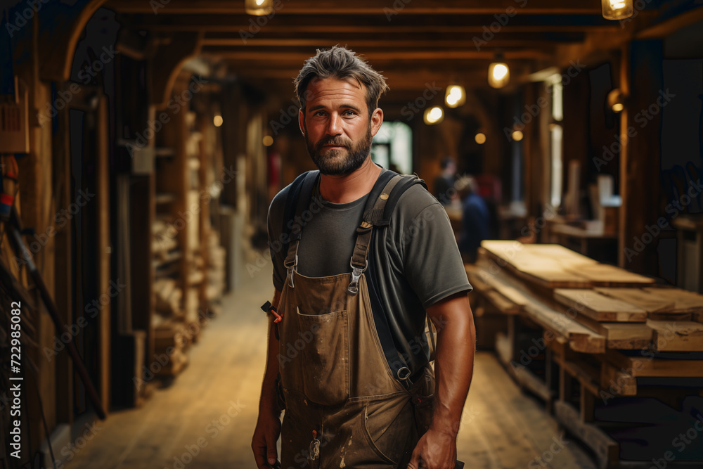 Fototapeta premium A carpenter in his workshop looking at the camera. Copy space.