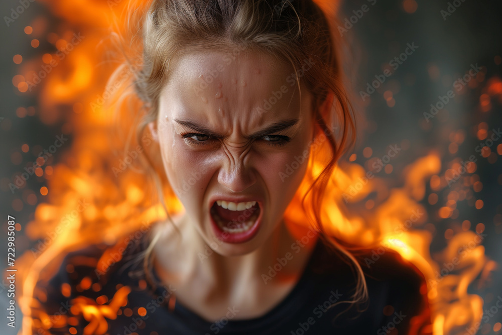Furious Woman with Fiery Background