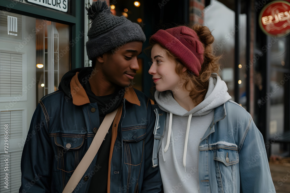 Interracial couple looking at each other smiling Interracial couple looking at each other smiling
