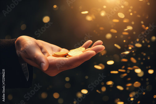 Closeup hands of a businessman get a few money coins falling from the air like a miracle, starting business, passive income, success investment
