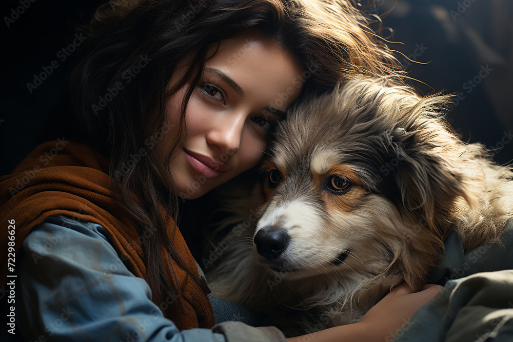 A heartwarming scene of a young woman cuddling with their pet. A heartwarming scene of a young woman cuddling with their pet.