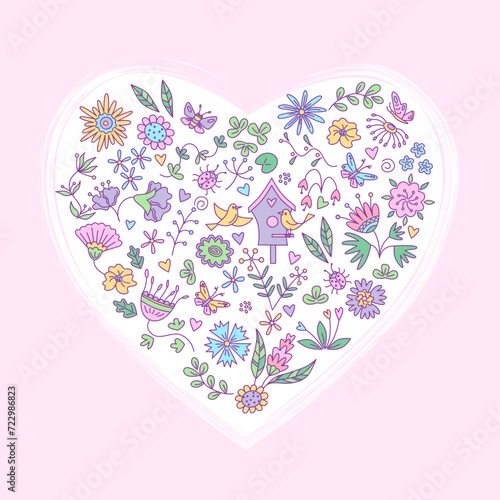 Greeting card with heart shape with floral elements. Vector color illustration in doodle style.