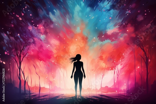 Anime silhouette of a woman standing in the colorful background