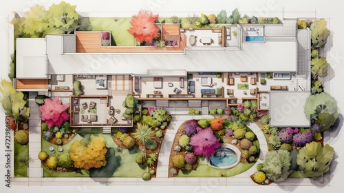 layout plan of home landscape design or garden design drawing by color pencil on white paper and group of color pencils