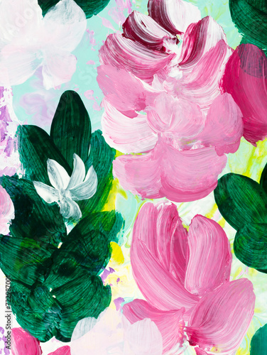 Abstract pink flowers, original hand drawn, impressionism style, color texture, brush strokes of paint, art background.