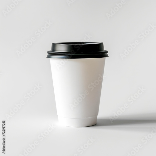 Blank takeaway coffee cup with lid on neutral backdrop, ideal for branding mockup.