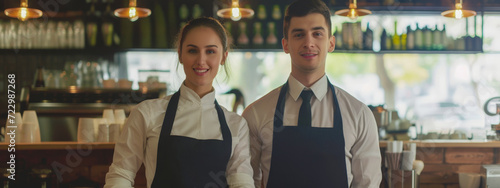 Confident male and female restaurant staff in aprons ready to provide excellent customer service. 