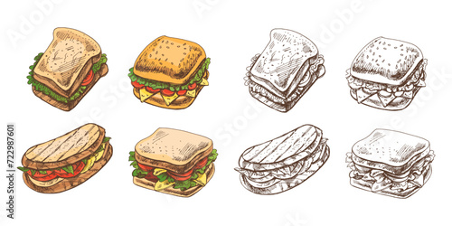 Organic food. Hand-drawn colored and monochrome retro style vector sketch set of sandwich with vegetables, cheese, meat. Doodle vintage illustration. Engraved image.