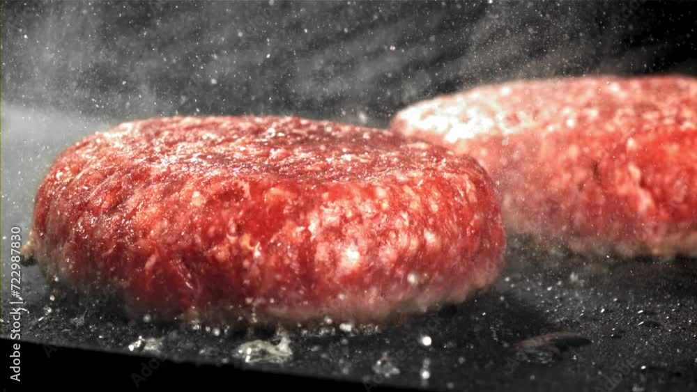 A burger made from natural meat is fried in a frying pan. Filmed on a high-speed camera at 1000 fps. High quality FullHD footage A burger made from natural meat is fried in a frying pan. Filmed on a high-speed camera at 1000 fps. High quality FullHD footage