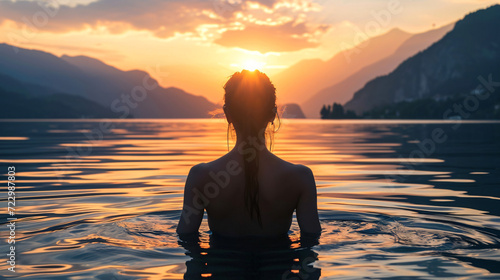 silhouette of a beautiful woman in the sea at sunset