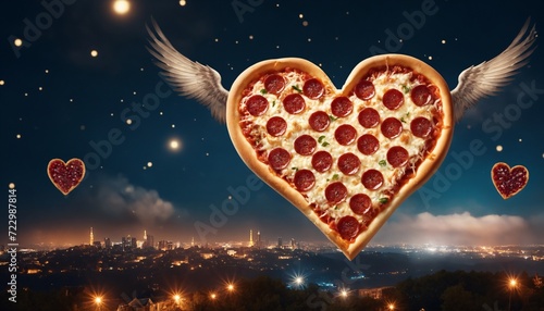 Heart-shaped Pizza Flying on the Sky - Online Delivery Concept