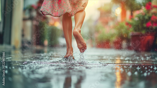 A woman walks down a city street in the rain, holding an umbrella.