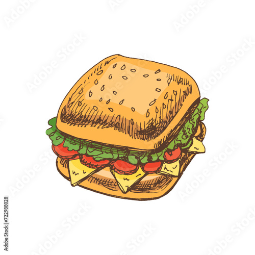 Hand-drawn colored vector sketch of a piece of sandwich with vegetables  cheese  meat. Doodle vintage illustration. Decorations for the menu of cafes and labels. Engraved image.