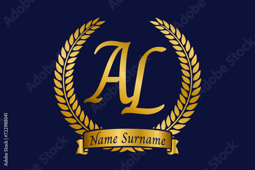 Initial letter A and L, AL monogram logo design with laurel wreath. Luxury golden calligraphy font.